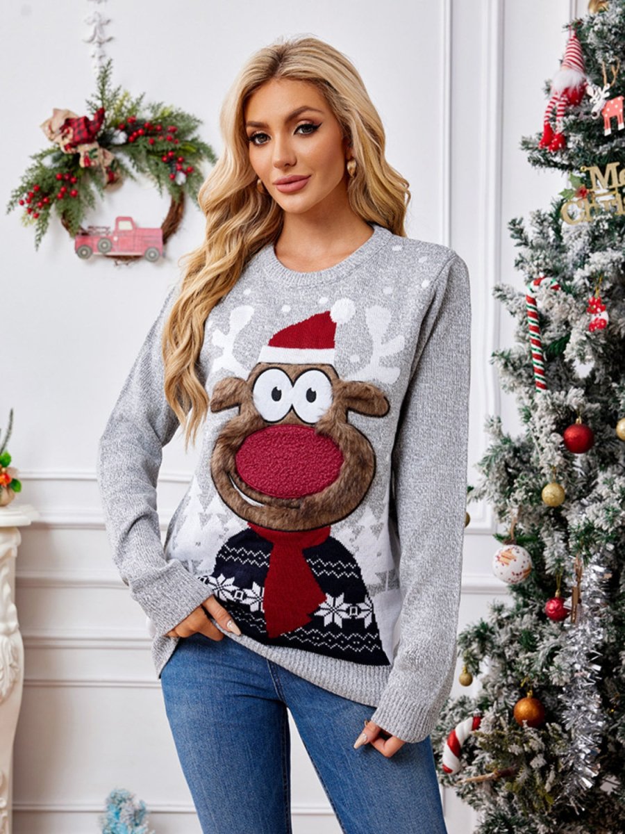 Reindeer Round Neck Long Sleeve Sweater - S. M. & Co.