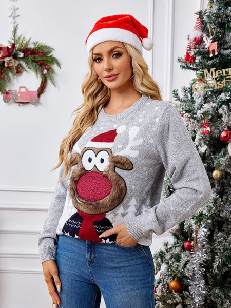 Reindeer Round Neck Long Sleeve Sweater - S. M. & Co.