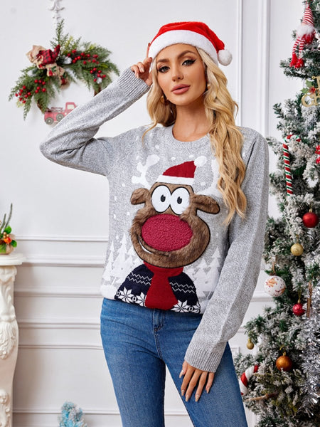 Reindeer Round Neck Long Sleeve Sweater - S. M. & Co.