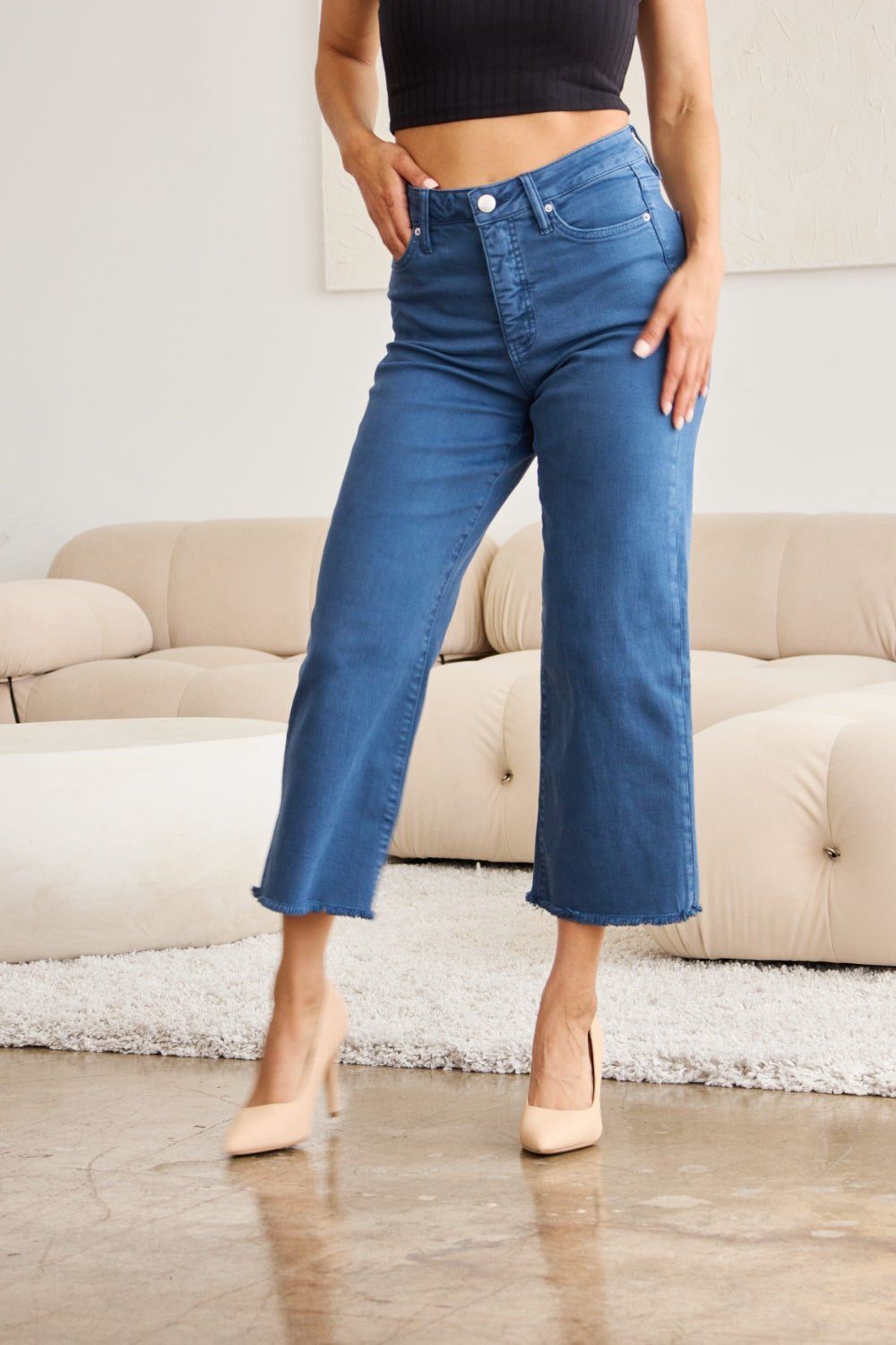 RFM Crop Chloe Full Size Tummy Control High Waist Raw Hem Jeans - AnAs Market