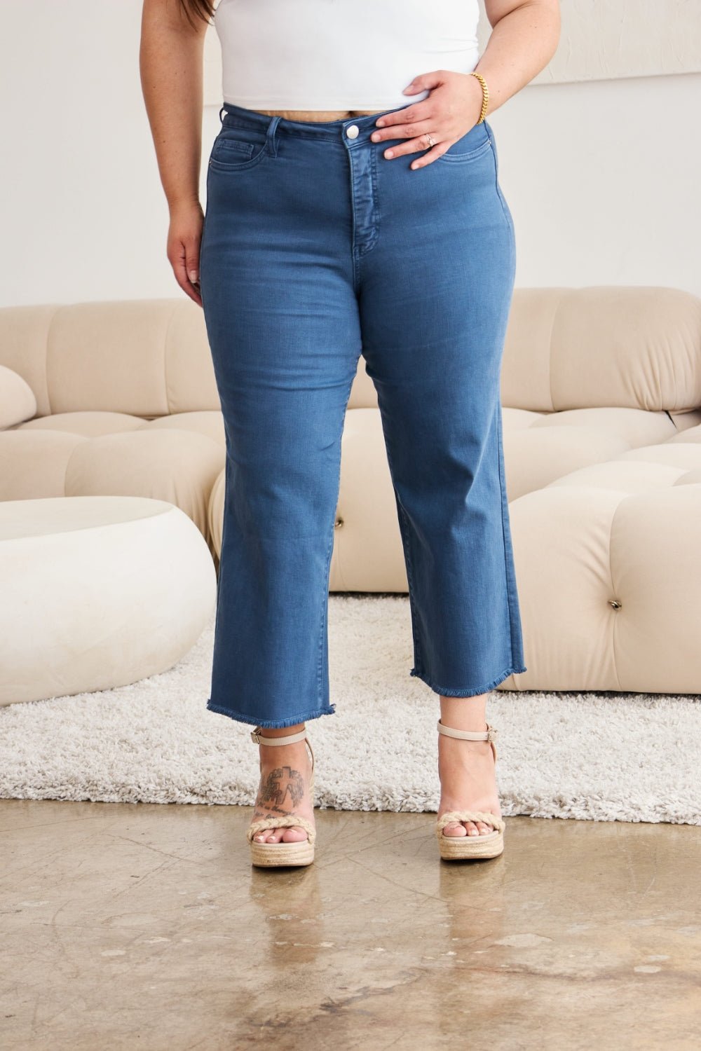 RFM Crop Chloe Full Size Tummy Control High Waist Raw Hem Jeans - AnAs Market