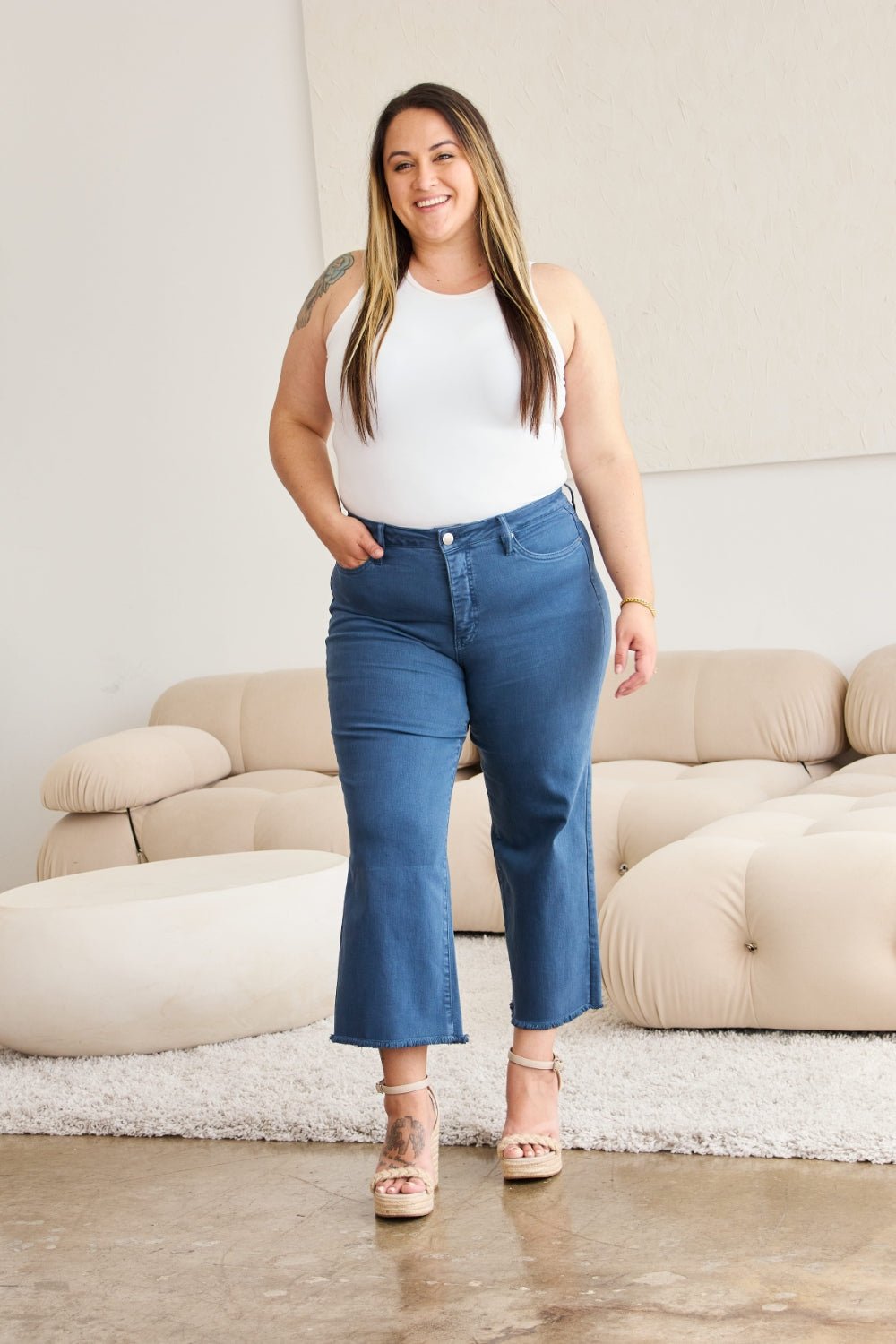 RFM Crop Chloe Full Size Tummy Control High Waist Raw Hem Jeans - AnAs Market