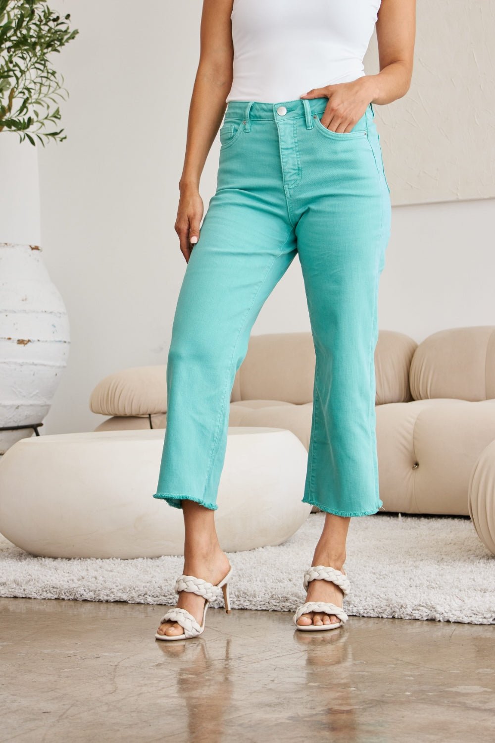 RFM Crop Chloe Full Size Tummy Control High Waist Raw Hem Jeans - AnAs Market