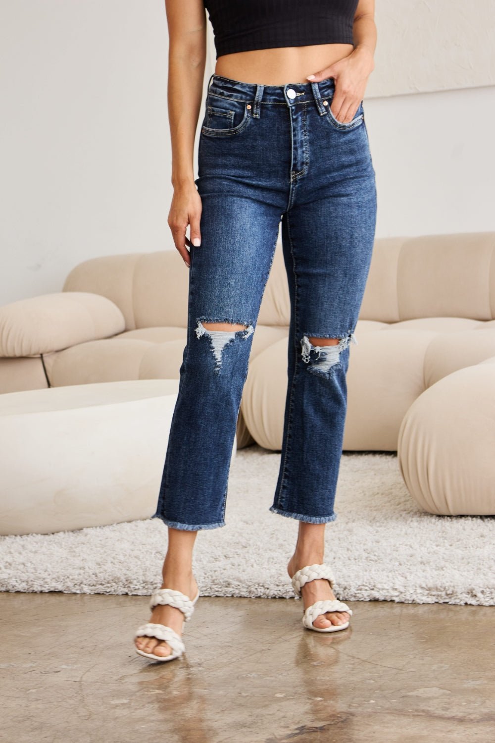 RFM Crop Dylan Full Size Tummy Control Distressed High Waist Raw Hem Jeans - AnAs Market