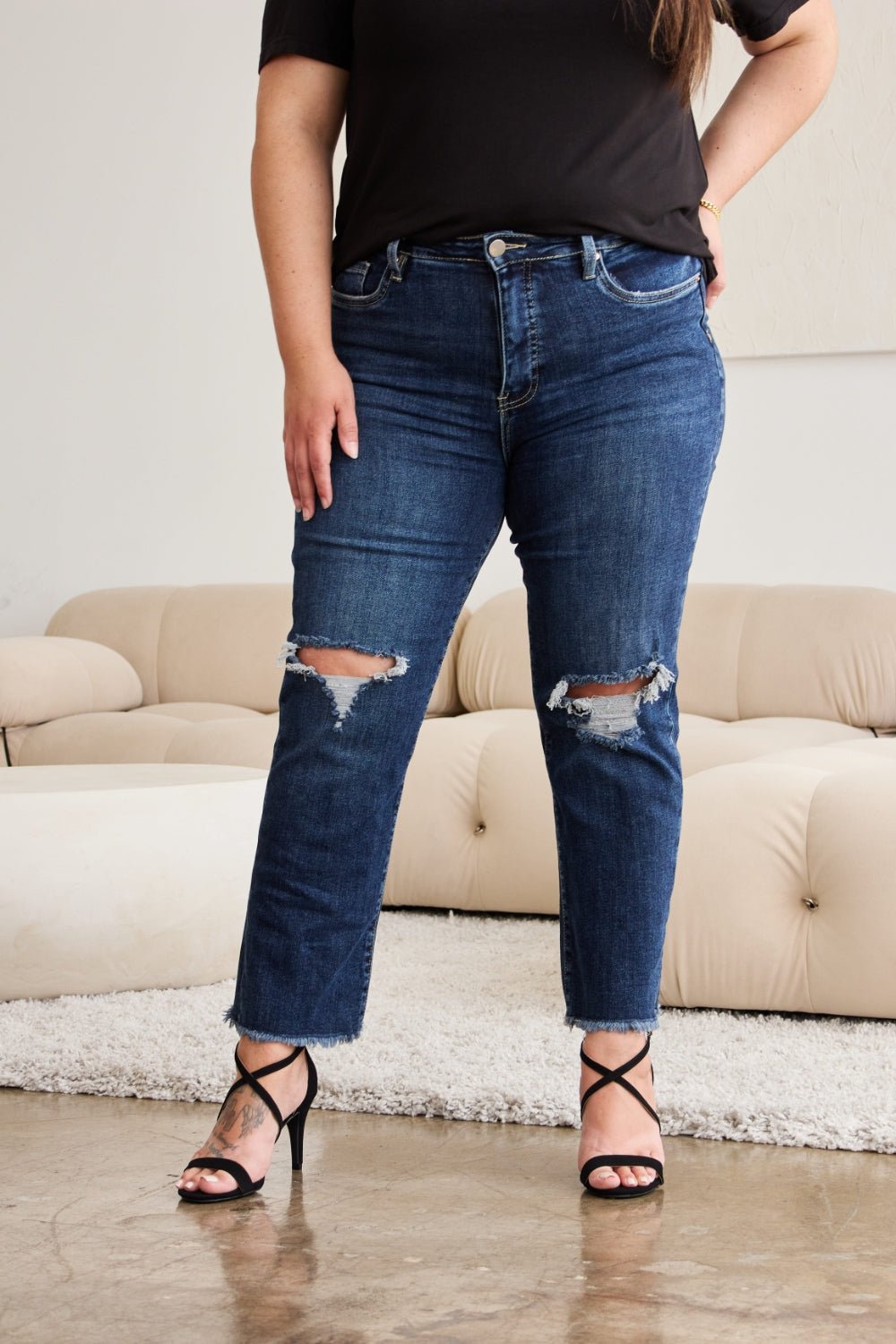 RFM Crop Dylan Full Size Tummy Control Distressed High Waist Raw Hem Jeans - AnAs Market