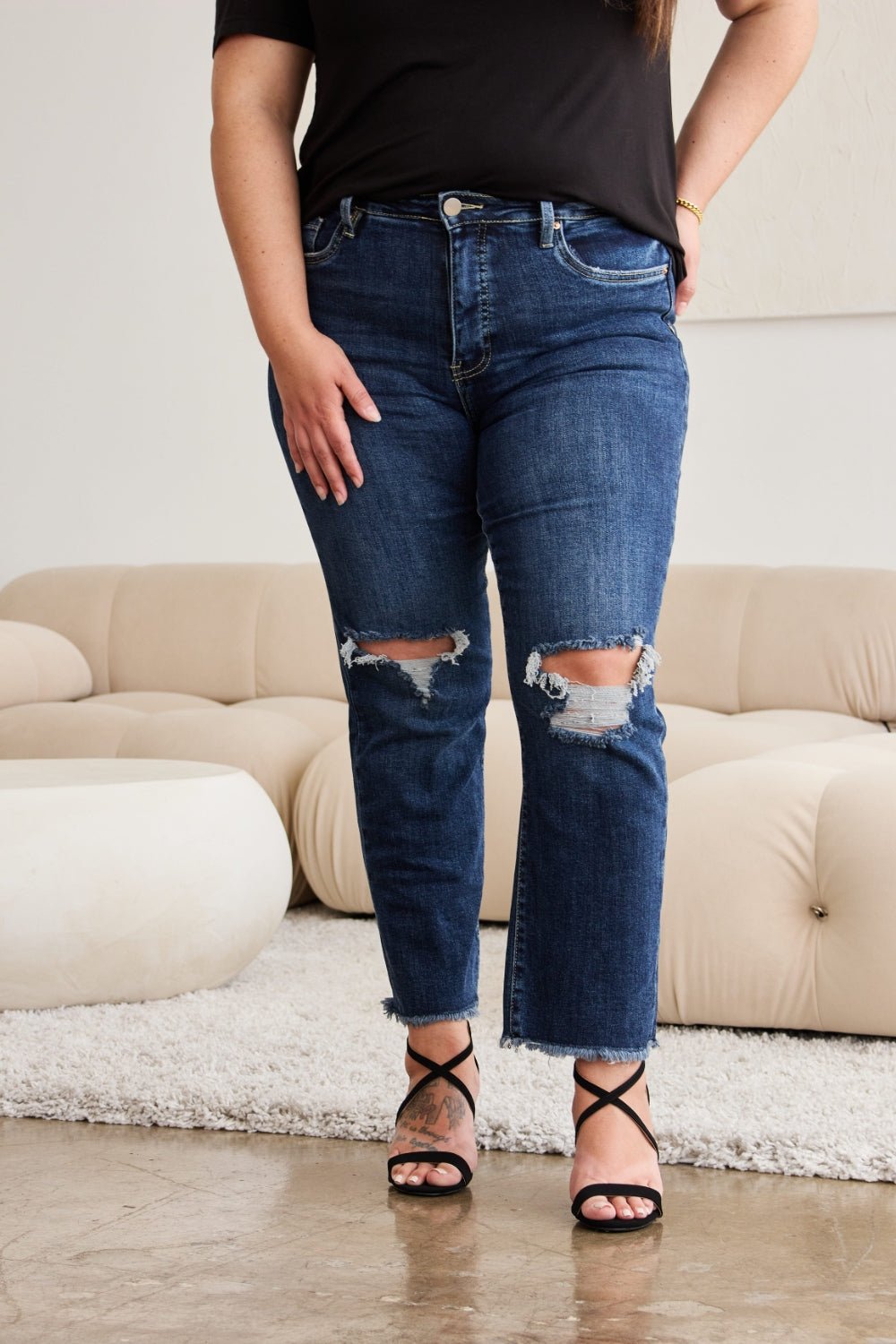 RFM Crop Dylan Full Size Tummy Control Distressed High Waist Raw Hem Jeans - AnAs Market