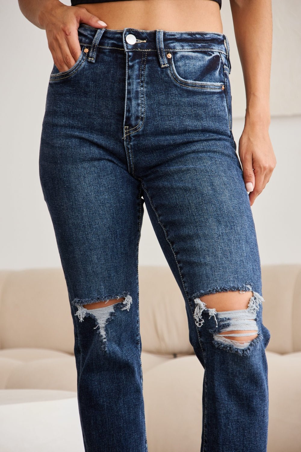 RFM Crop Dylan Full Size Tummy Control Distressed High Waist Raw Hem Jeans - AnAs Market