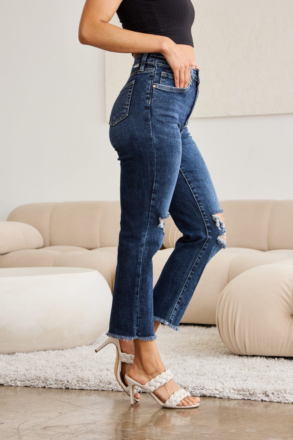 RFM Crop Dylan Full Size Tummy Control Distressed High Waist Raw Hem Jeans - AnAs Market