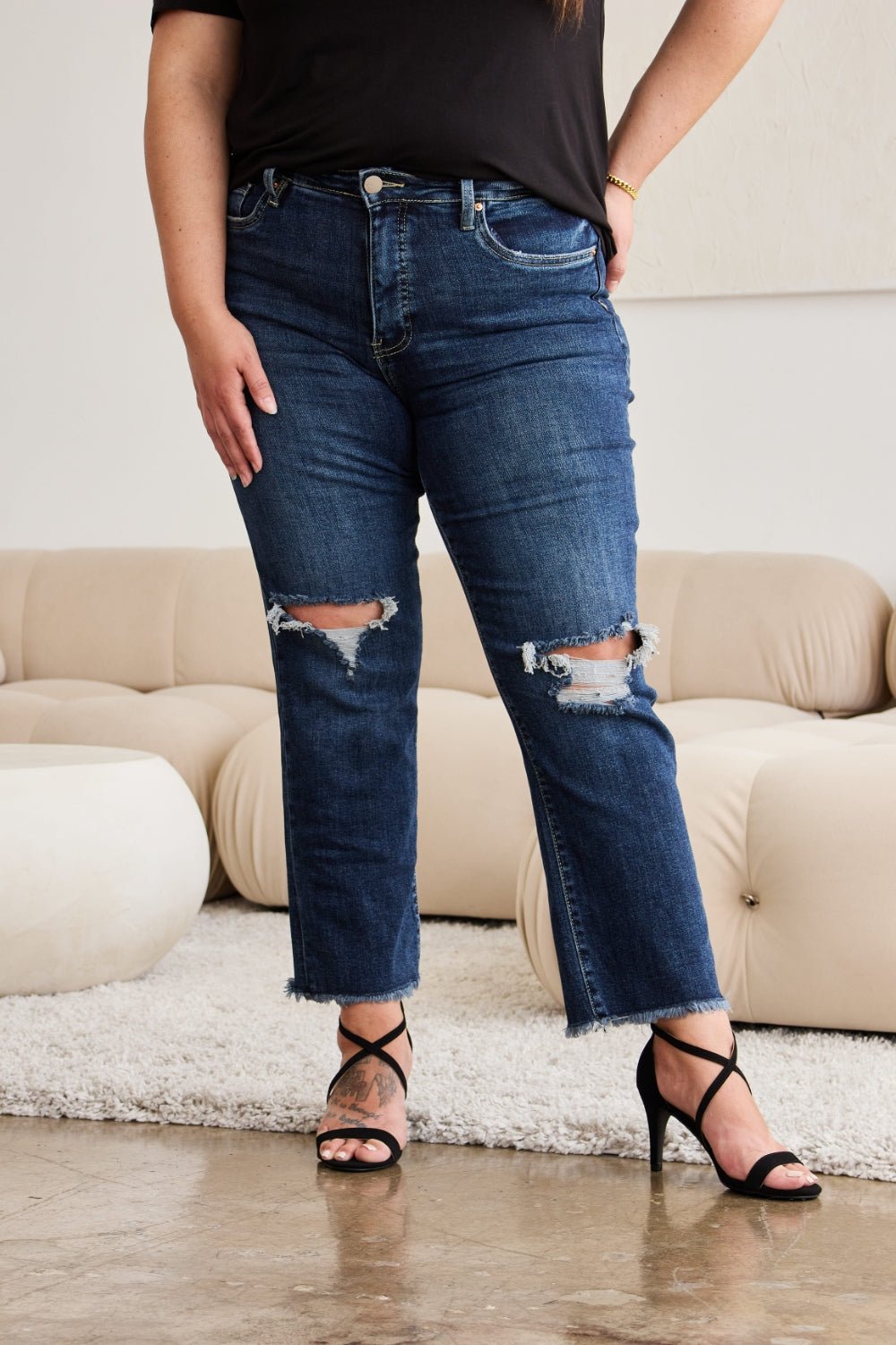 RFM Crop Dylan Full Size Tummy Control Distressed High Waist Raw Hem Jeans - AnAs Market