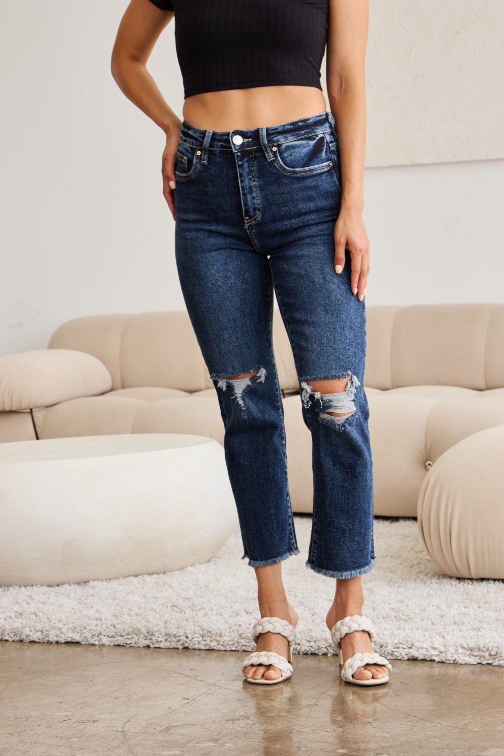 RFM Crop Dylan Full Size Tummy Control Distressed High Waist Raw Hem Jeans - AnAs Market