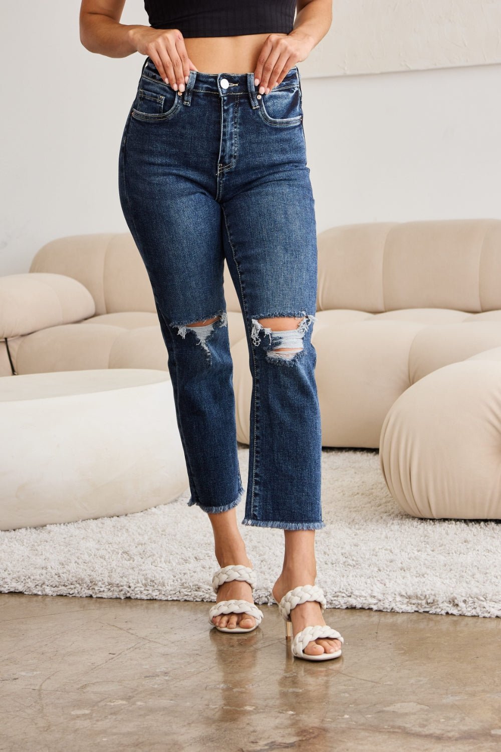 RFM Crop Dylan Full Size Tummy Control Distressed High Waist Raw Hem Jeans - AnAs Market