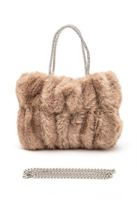 Rhinestone Top Handle Faux Fur Winter Tote Bag - S. M. & Co.