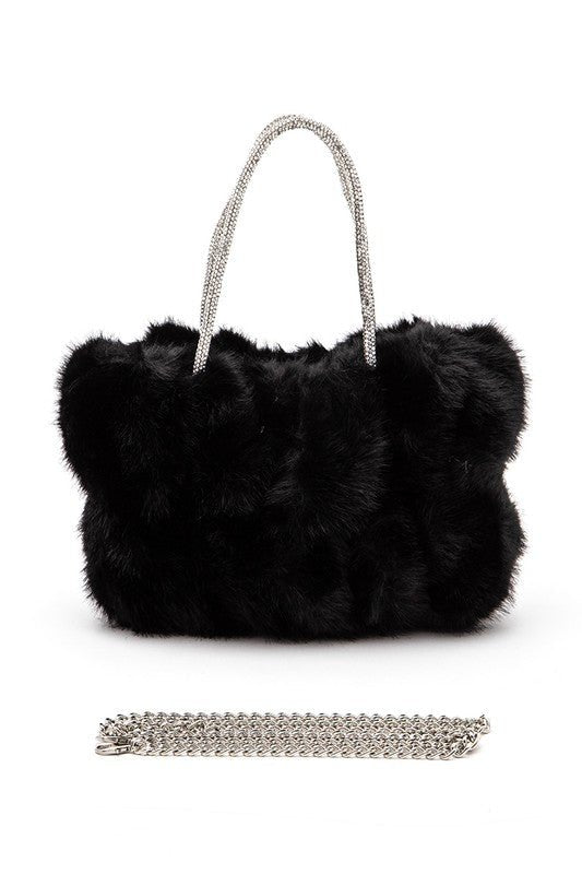 Rhinestone Top Handle Faux Fur Winter Tote Bag - S. M. & Co.