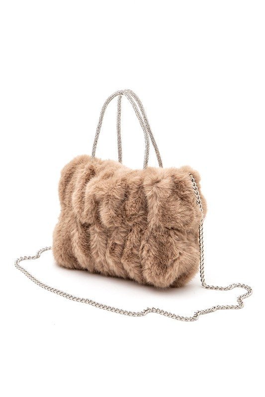 Rhinestone Top Handle Faux Fur Winter Tote Bag - S. M. & Co.