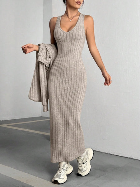 Ribbed Cropped Hooded Top and V - Neck Tank Dress Set - S. M. & Co.