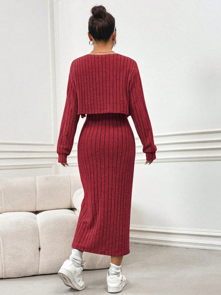 Ribbed Long Sleeve Cropped Cardigan and Slit Cami Dress Set - S. M. & Co.