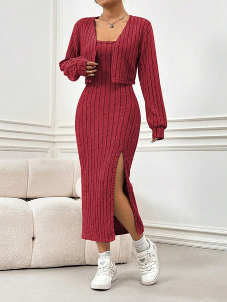 Ribbed Long Sleeve Cropped Cardigan and Slit Cami Dress Set - S. M. & Co.