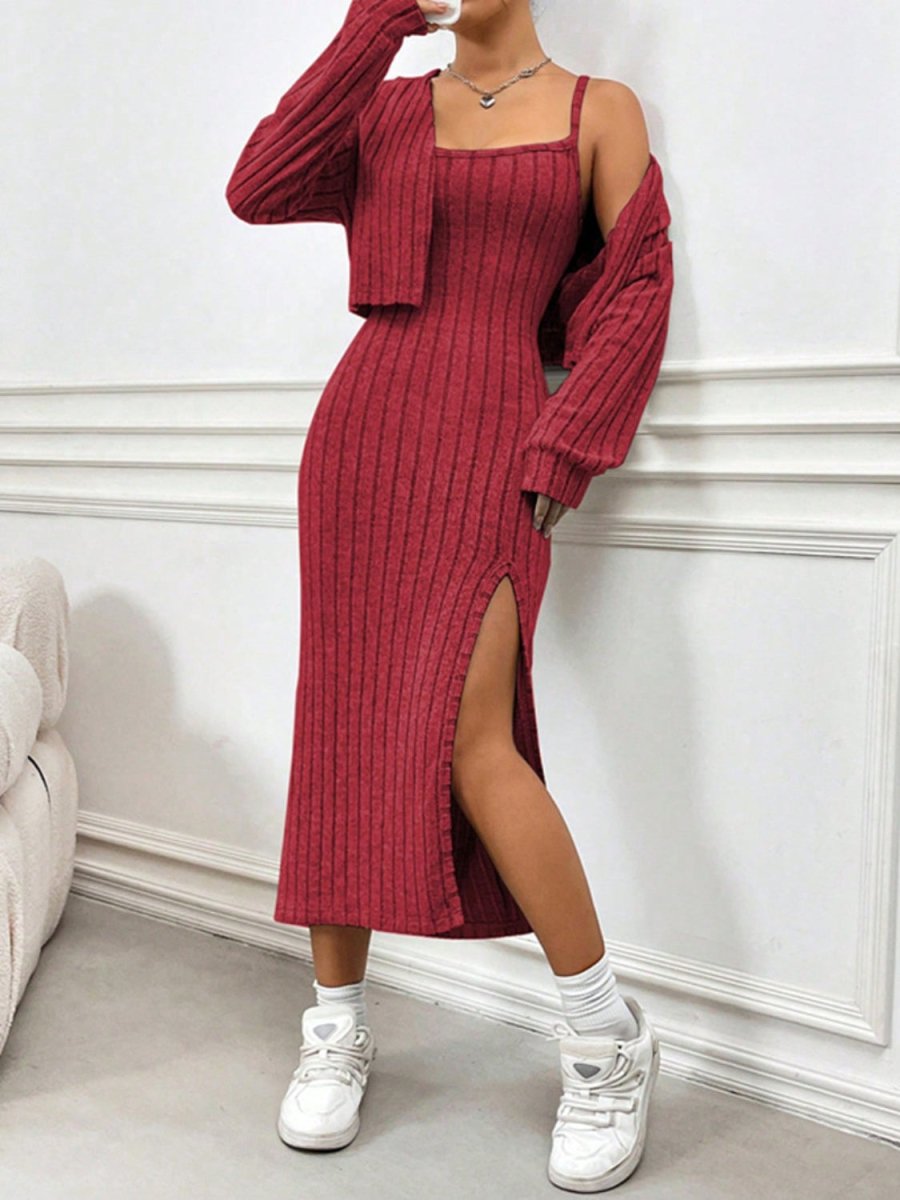 Ribbed Long Sleeve Cropped Cardigan and Slit Cami Dress Set - S. M. & Co.