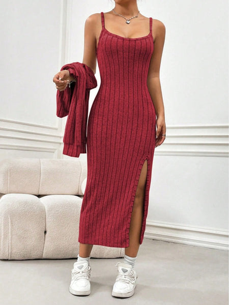 Ribbed Long Sleeve Cropped Cardigan and Slit Cami Dress Set - S. M. & Co.