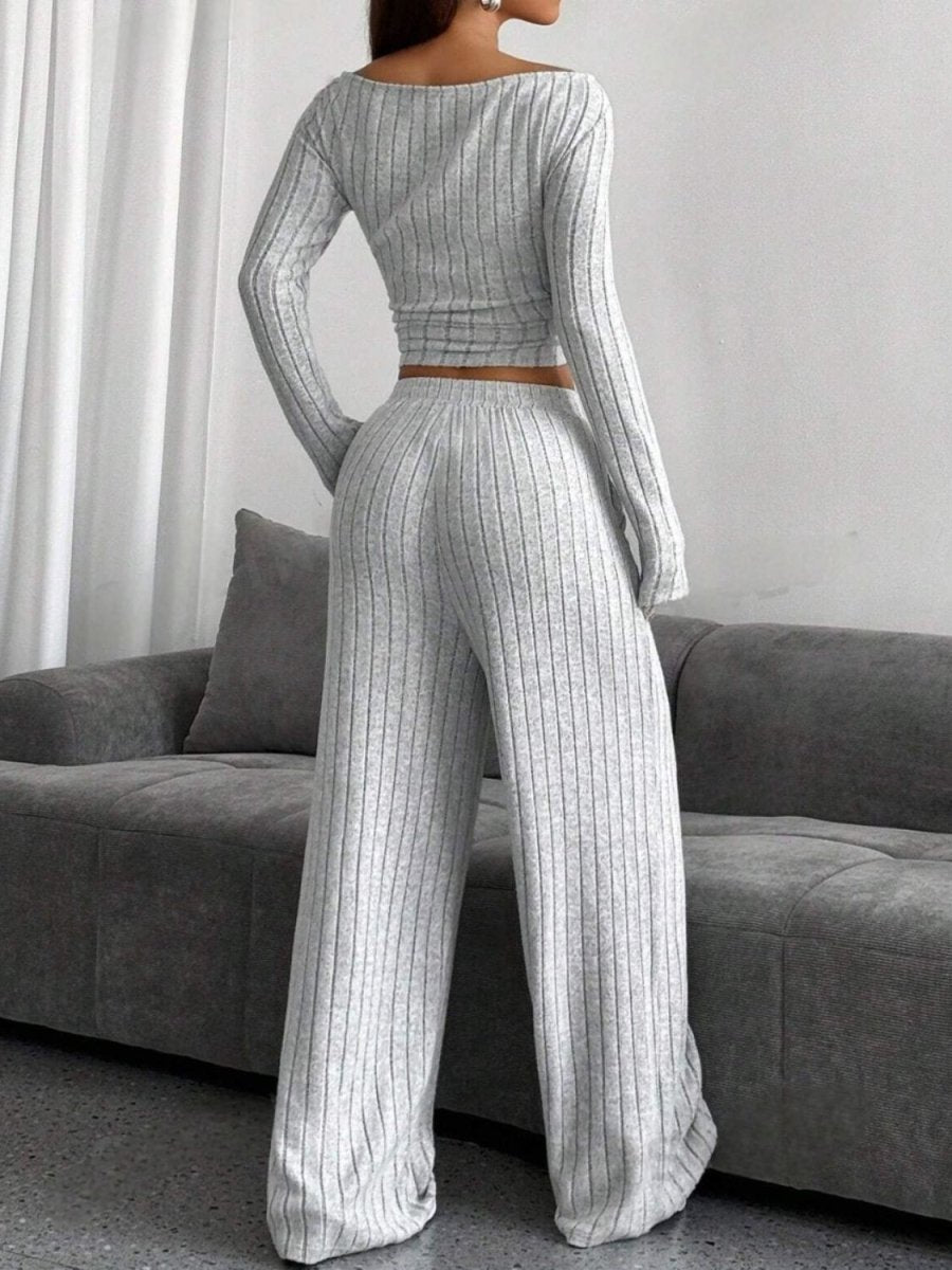 Ribbed Off - Shoulder Top and Pants Set - S. M. & Co.