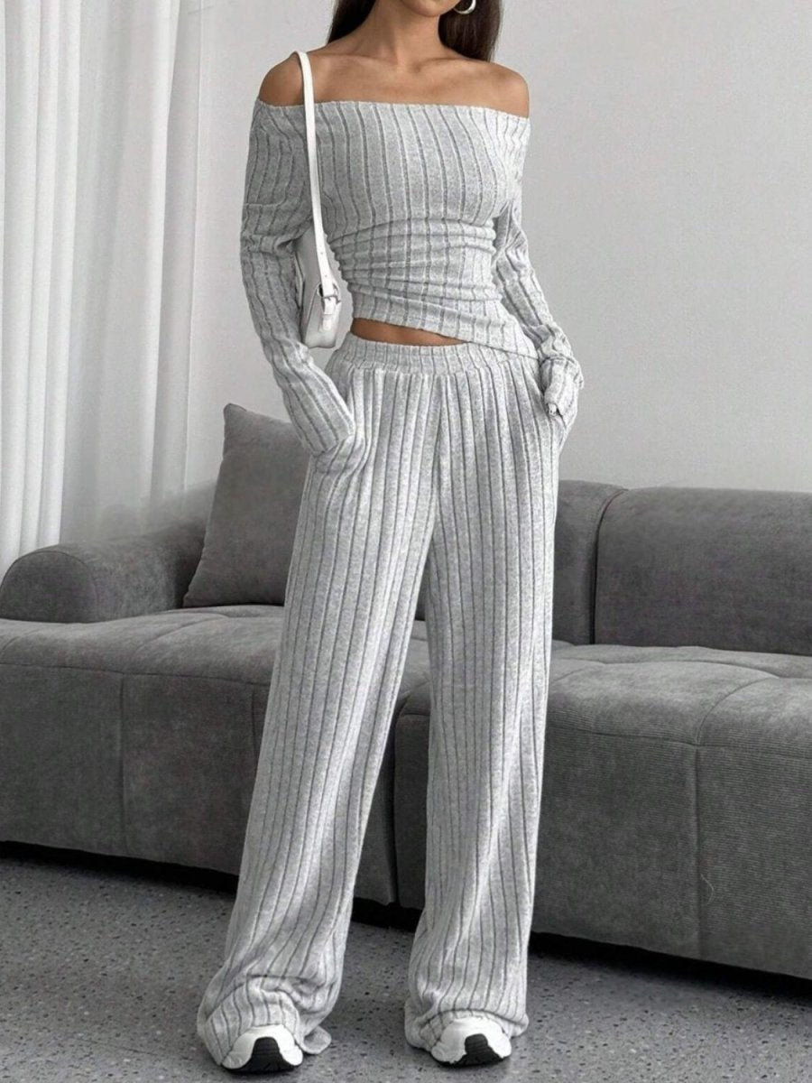 Ribbed Off - Shoulder Top and Pants Set - S. M. & Co.