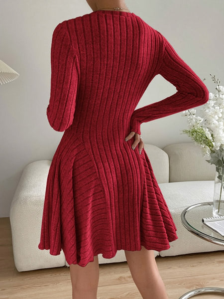 Ribbed Round Neck Long Sleeve Dress - S. M. & Co.