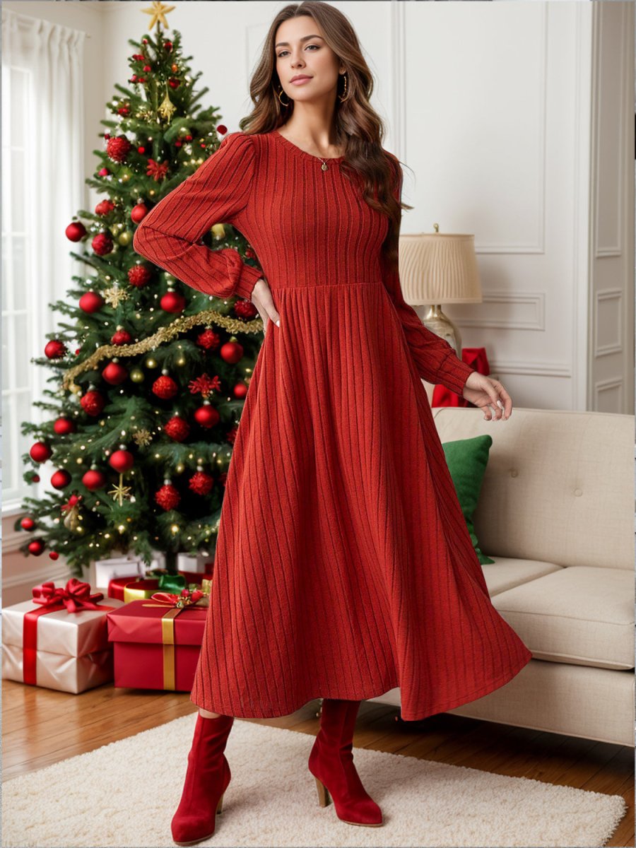 Ribbed Round Neck Long Sleeve Dress - S. M. & Co.