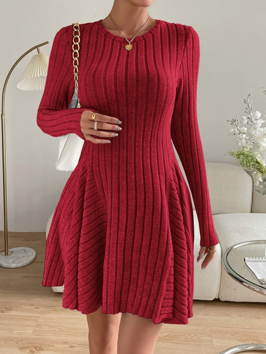 Ribbed Round Neck Long Sleeve Dress - S. M. & Co.