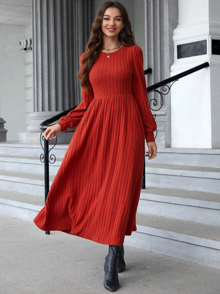 Ribbed Round Neck Long Sleeve Dress - S. M. & Co.