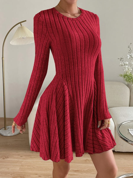 Ribbed Round Neck Long Sleeve Dress - S. M. & Co.