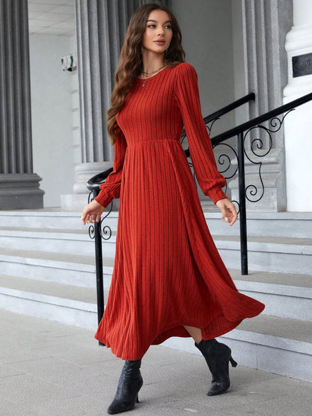 Ribbed Round Neck Long Sleeve Dress - S. M. & Co.