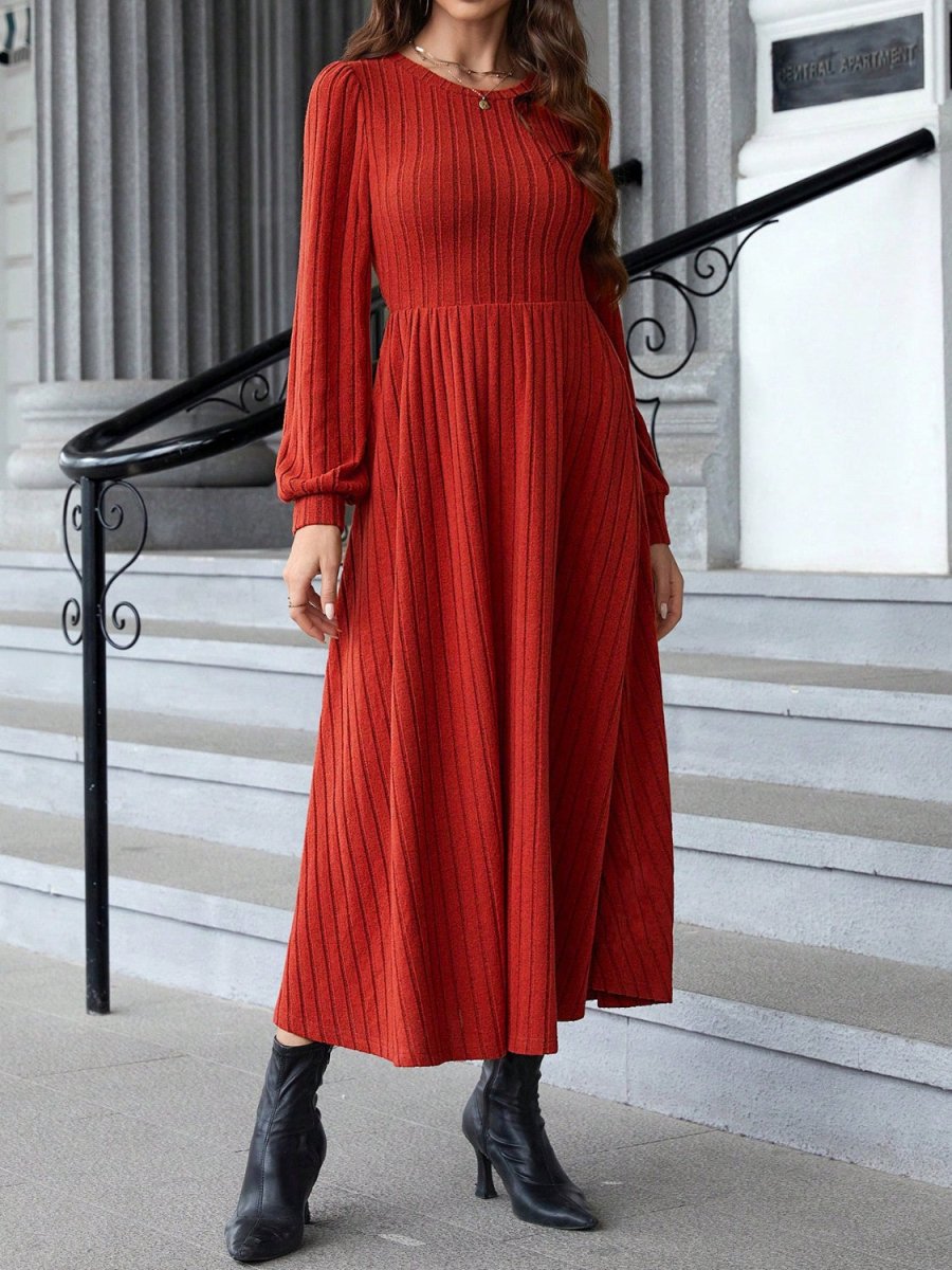 Ribbed Round Neck Long Sleeve Dress - S. M. & Co.