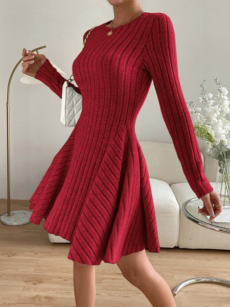 Ribbed Round Neck Long Sleeve Dress - S. M. & Co.