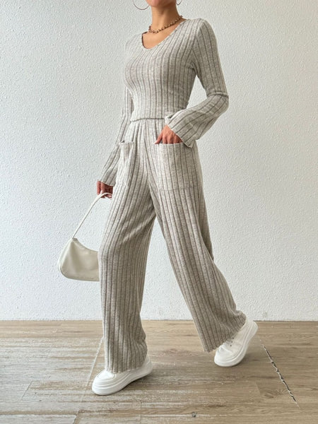 Ribbed V - Neck Long Sleeve Top and Pocketed Pants Set - S. M. & Co.