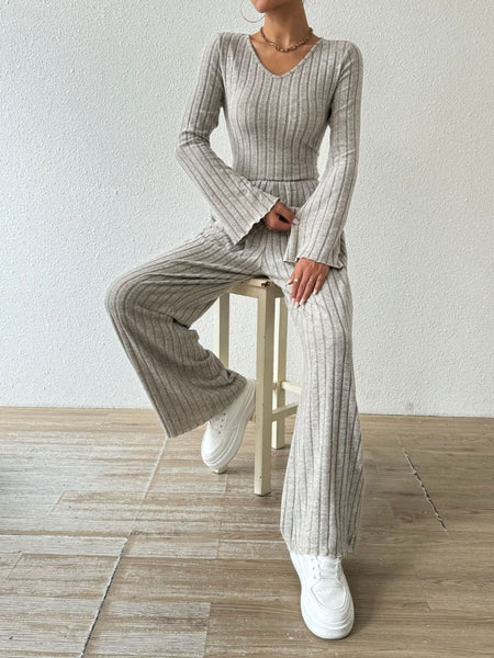 Ribbed V - Neck Long Sleeve Top and Pocketed Pants Set - S. M. & Co.