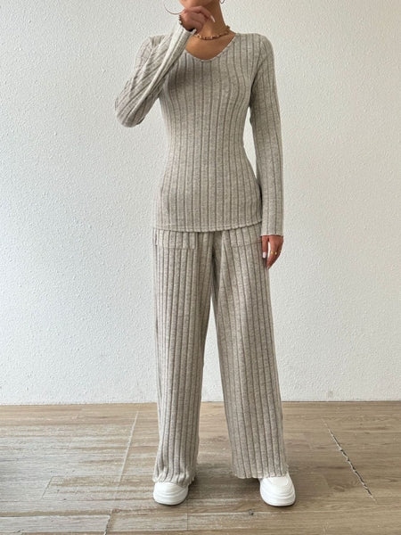 Ribbed V - Neck Long Sleeve Top and Pocketed Pants Set - S. M. & Co.