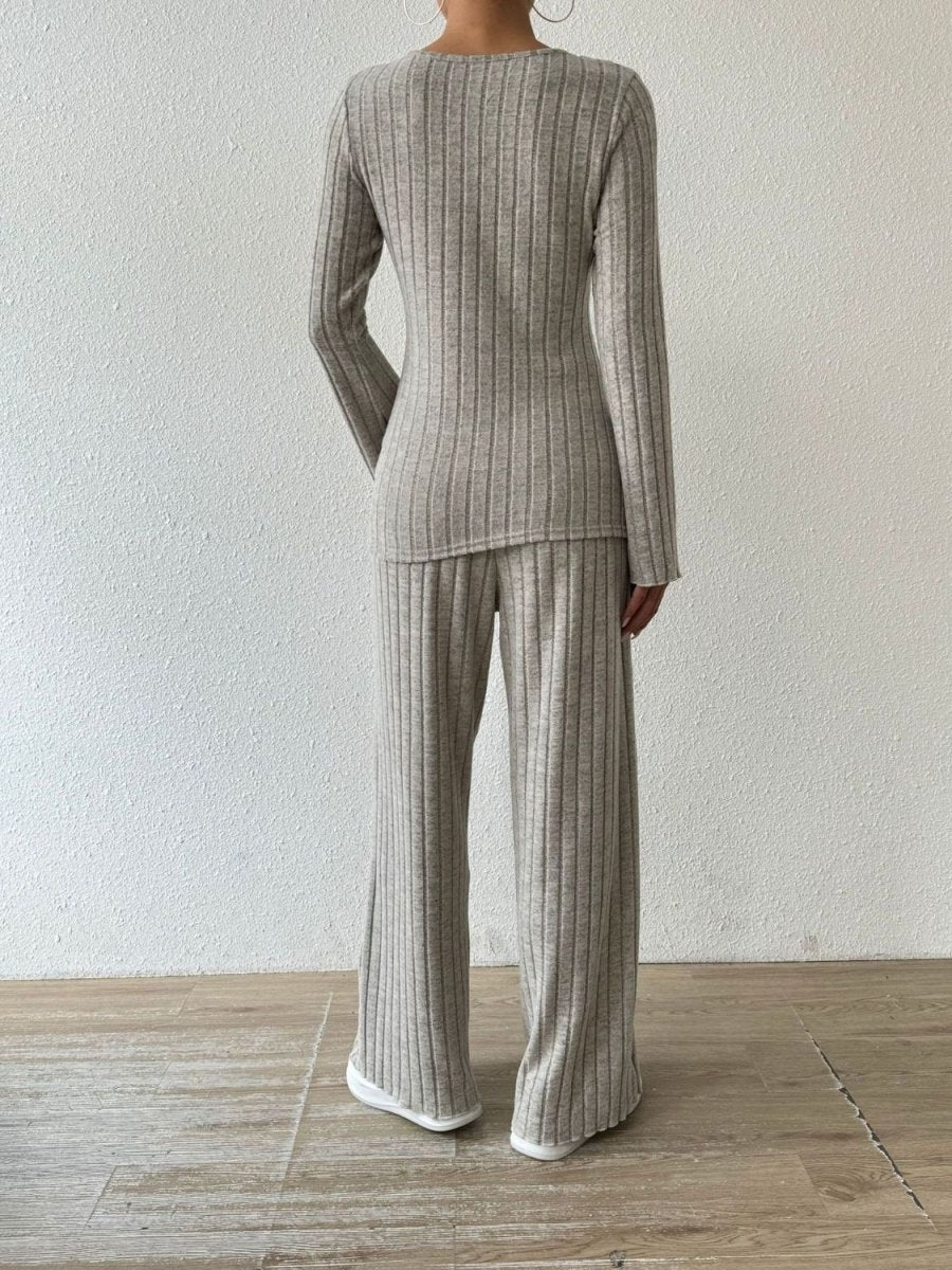 Ribbed V - Neck Long Sleeve Top and Pocketed Pants Set - S. M. & Co.