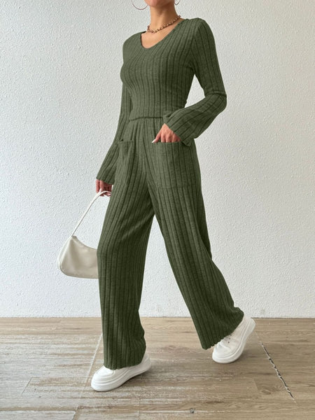 Ribbed V - Neck Long Sleeve Top and Pocketed Pants Set - S. M. & Co.