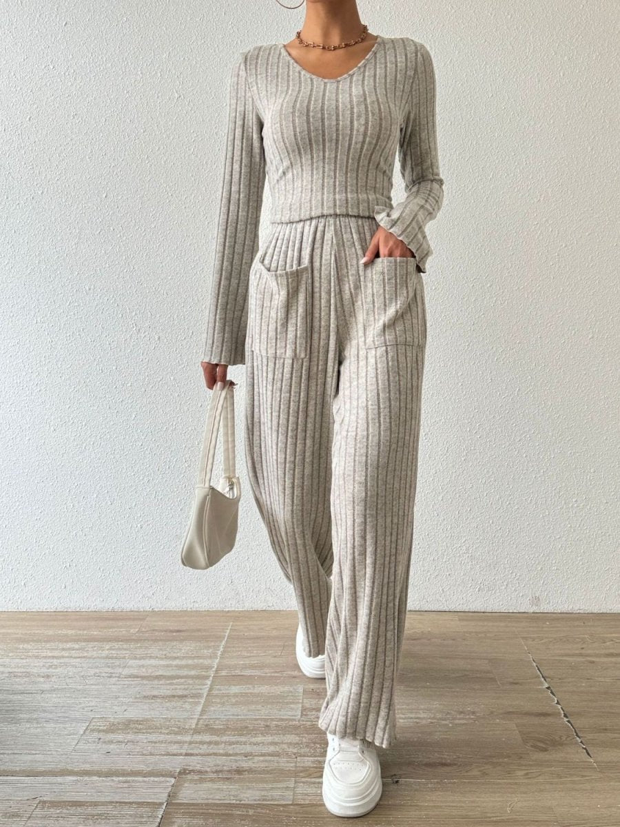 Ribbed V - Neck Long Sleeve Top and Pocketed Pants Set - S. M. & Co.