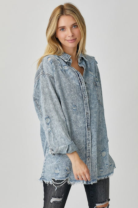 RISEN Distressed Raw Hem Denim Shirt - AnAs Market