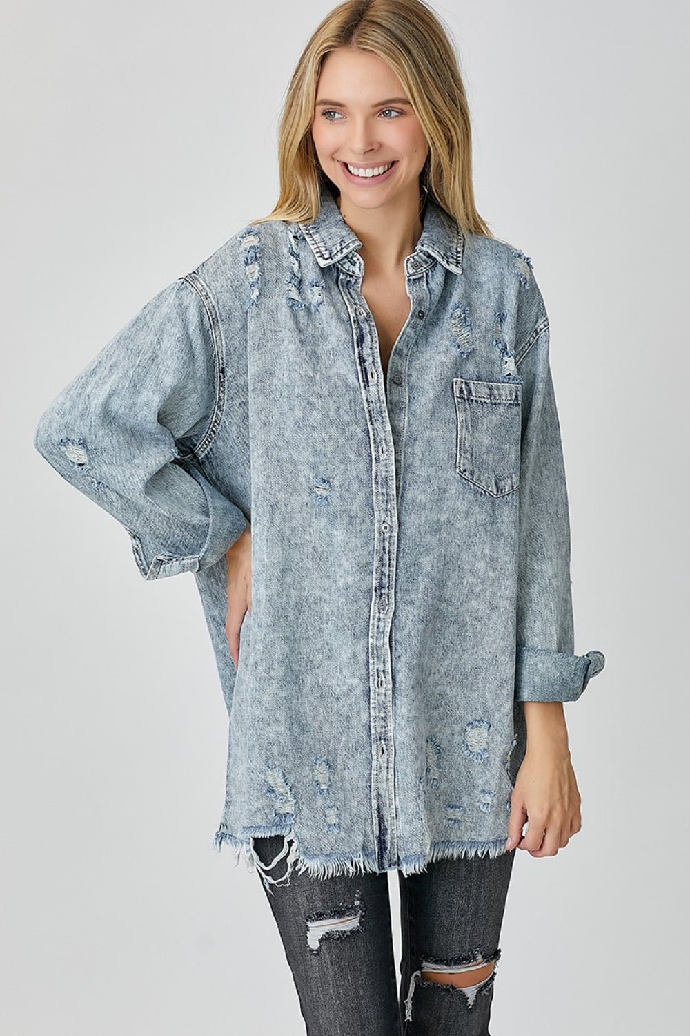 RISEN Distressed Raw Hem Denim Shirt - AnAs Market