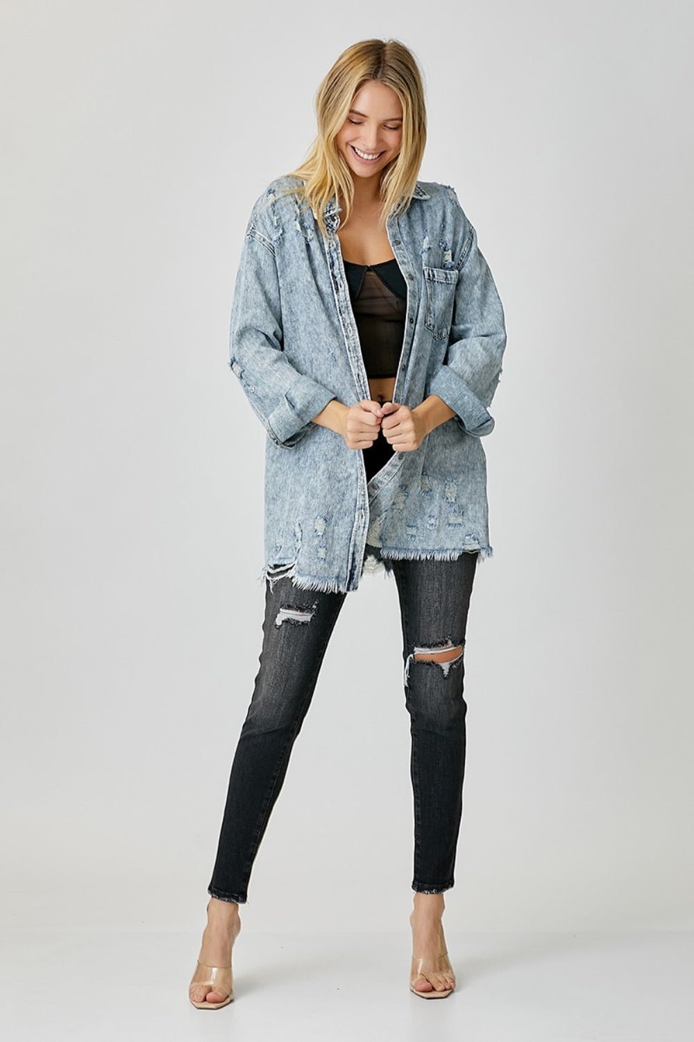 RISEN Distressed Raw Hem Denim Shirt - AnAs Market