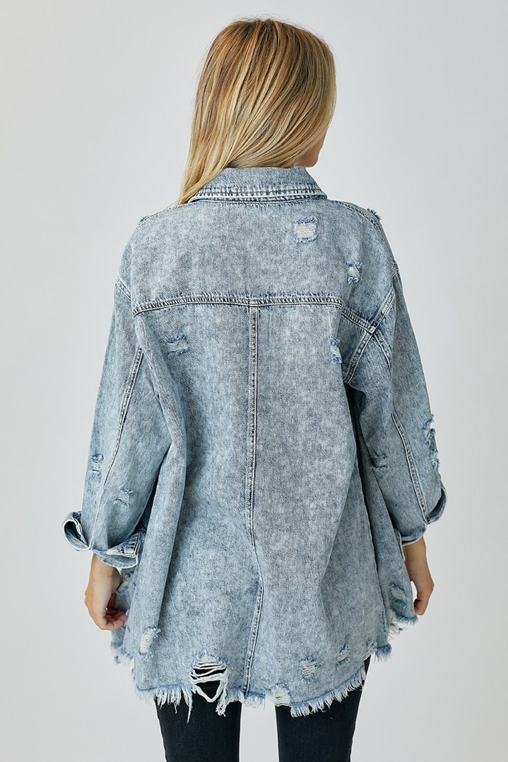 RISEN Distressed Raw Hem Denim Shirt - AnAs Market