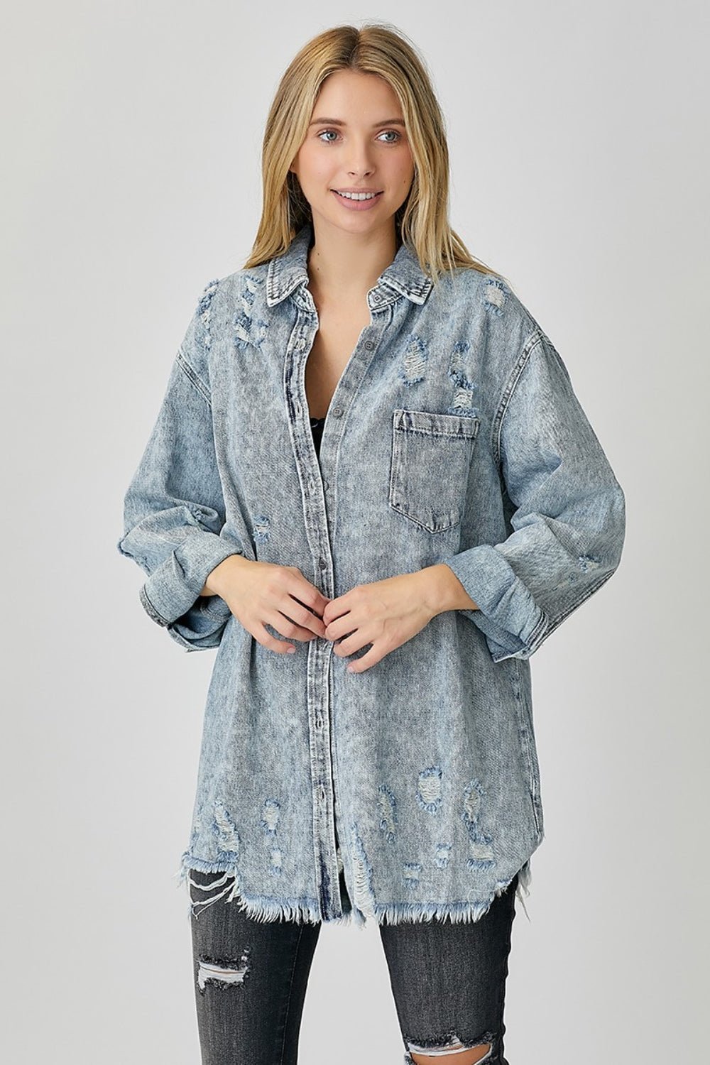 RISEN Distressed Raw Hem Denim Shirt - AnAs Market