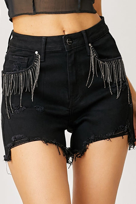 RISEN Frayed Hem Denim Shorts with Fringe Detail Pockets - S. M. & Co.