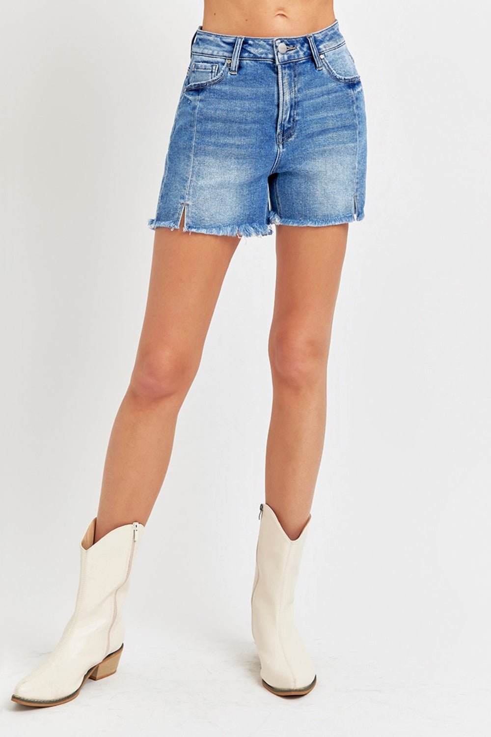 RISEN Front Slit Raw Hem Denim Shorts - S. M. & Co.