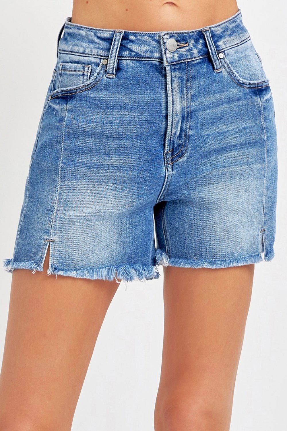 RISEN Front Slit Raw Hem Denim Shorts - S. M. & Co.