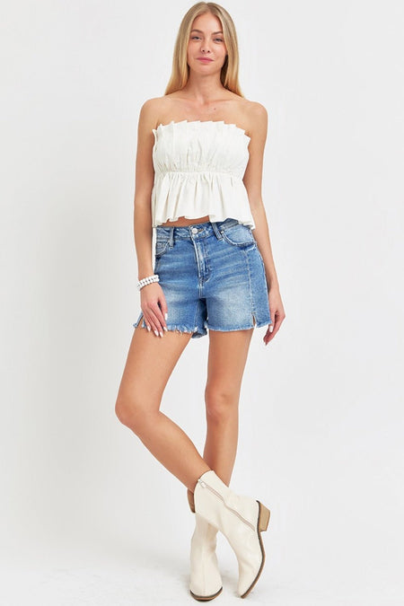 RISEN Front Slit Raw Hem Denim Shorts - S. M. & Co.