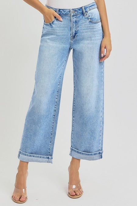 RISEN Full Size Ankle Wide Leg Cuffed Jeans Plus Size - S. M. & Co.