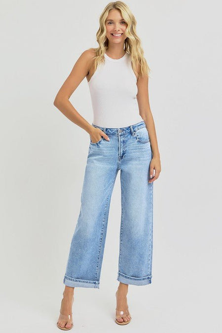 RISEN Full Size Ankle Wide Leg Cuffed Jeans Plus Size - S. M. & Co.